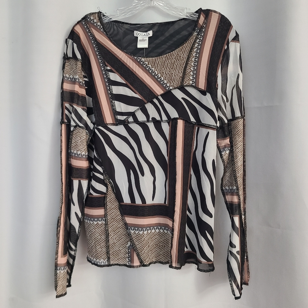 NWT Oo La La Sz XL Black Beige Patchwork Zebra Mesh Sheer Long Sleeve Top